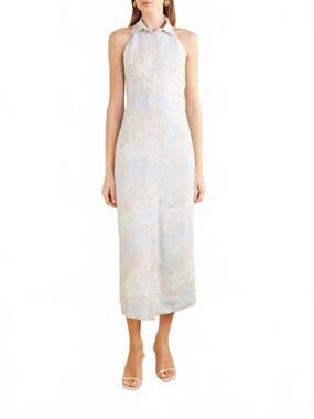 NEW BERNADETTE cici jasmin floral-print linen halterneck midi dress in soft blue